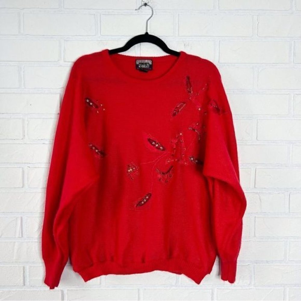 VINTAGE Red Floral Embroidered Dolman Sleeve Sweater 44 - Picture 4 of 9
